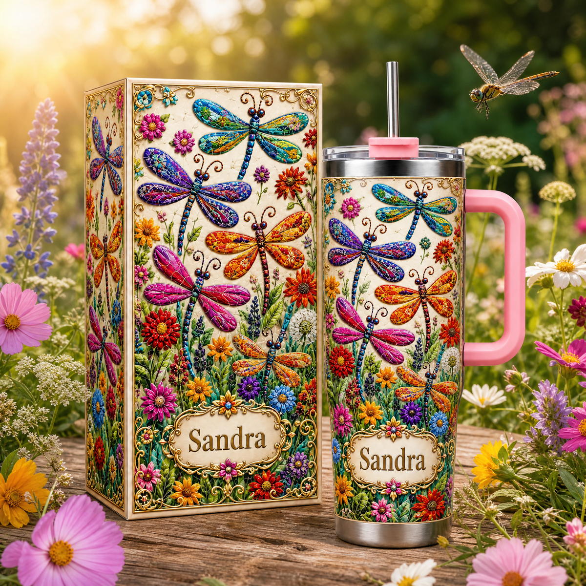 Personalized Dragonfly Tumbler– Custom Name Wildflower Cup for Her
