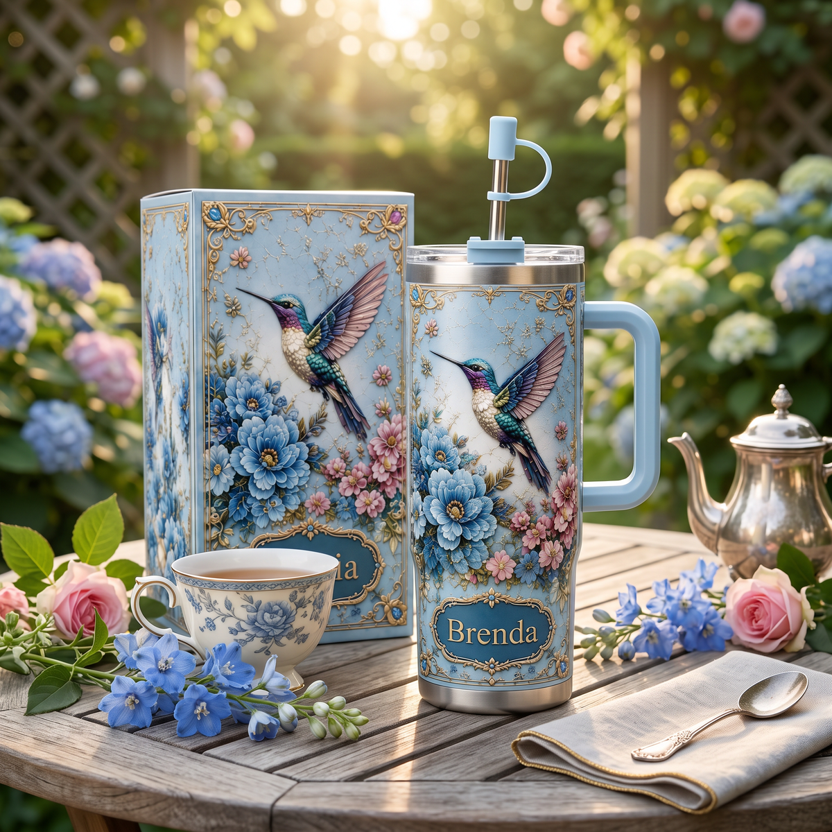 Personalized Hummingbird Tumbler – Custom Name Floral Gift Cup for Her
