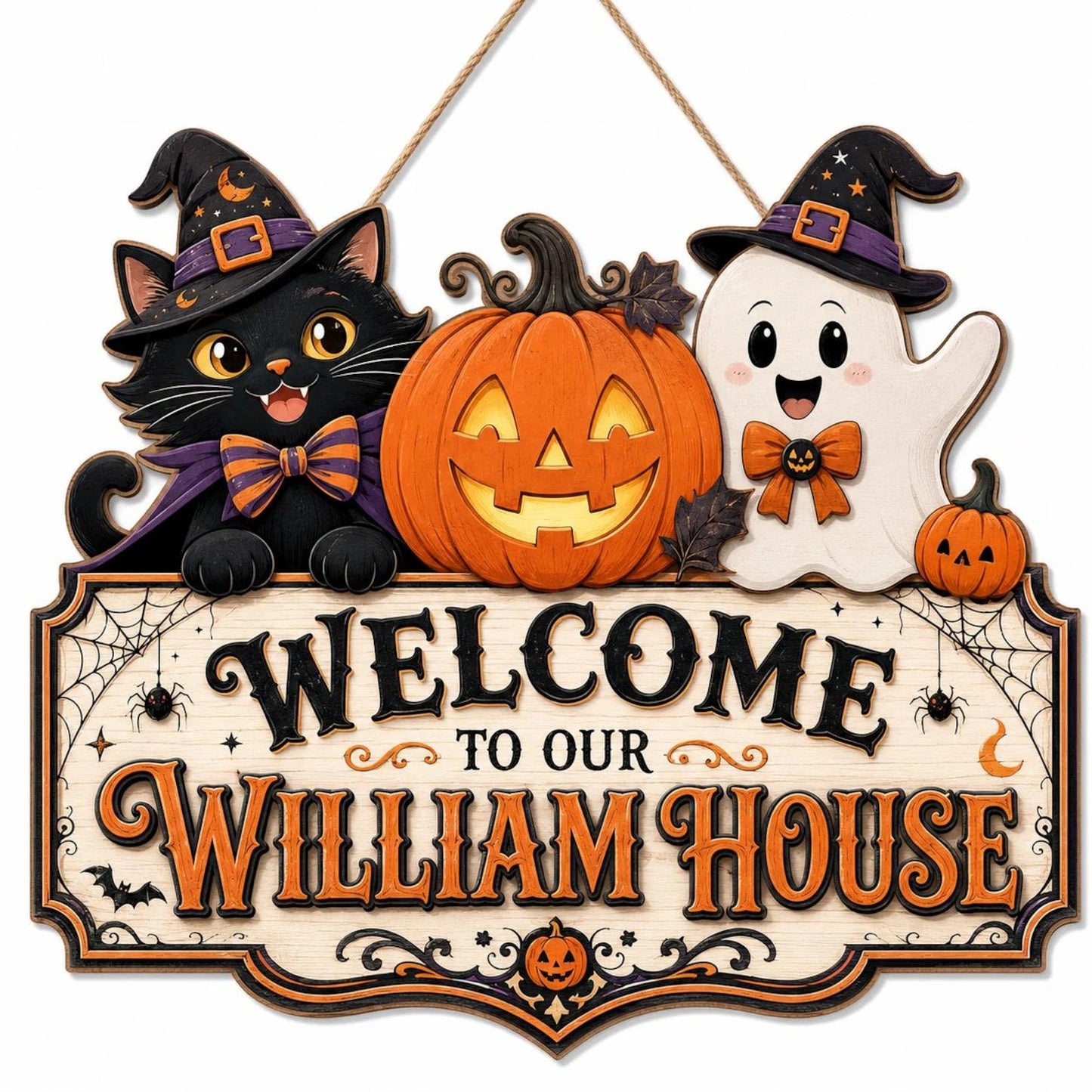 Personalized Halloween Family Door Sign β Cute Cat & Ghost Welcome Decor π