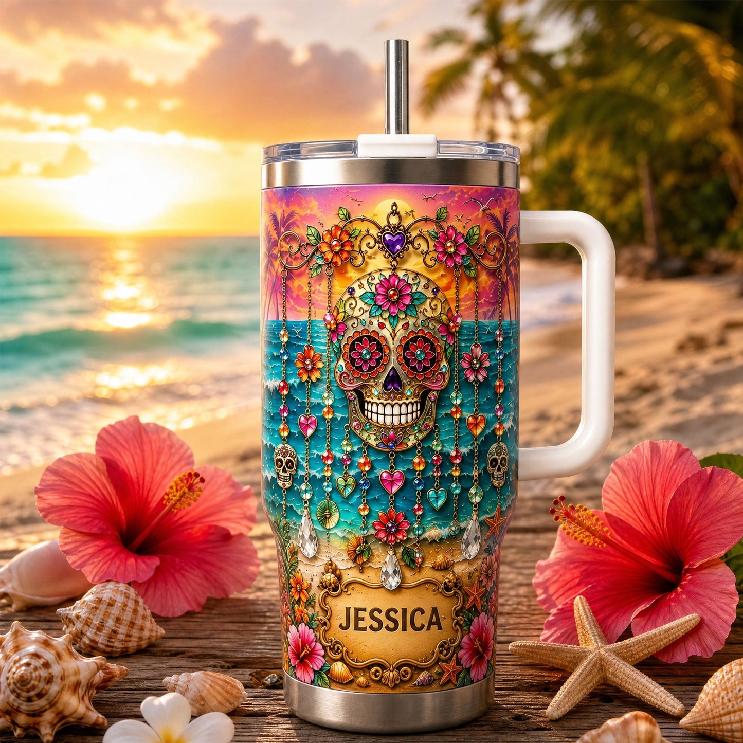 ποΈ Personalized Sugar Skull Beach Tumbler With Nameπ΄π