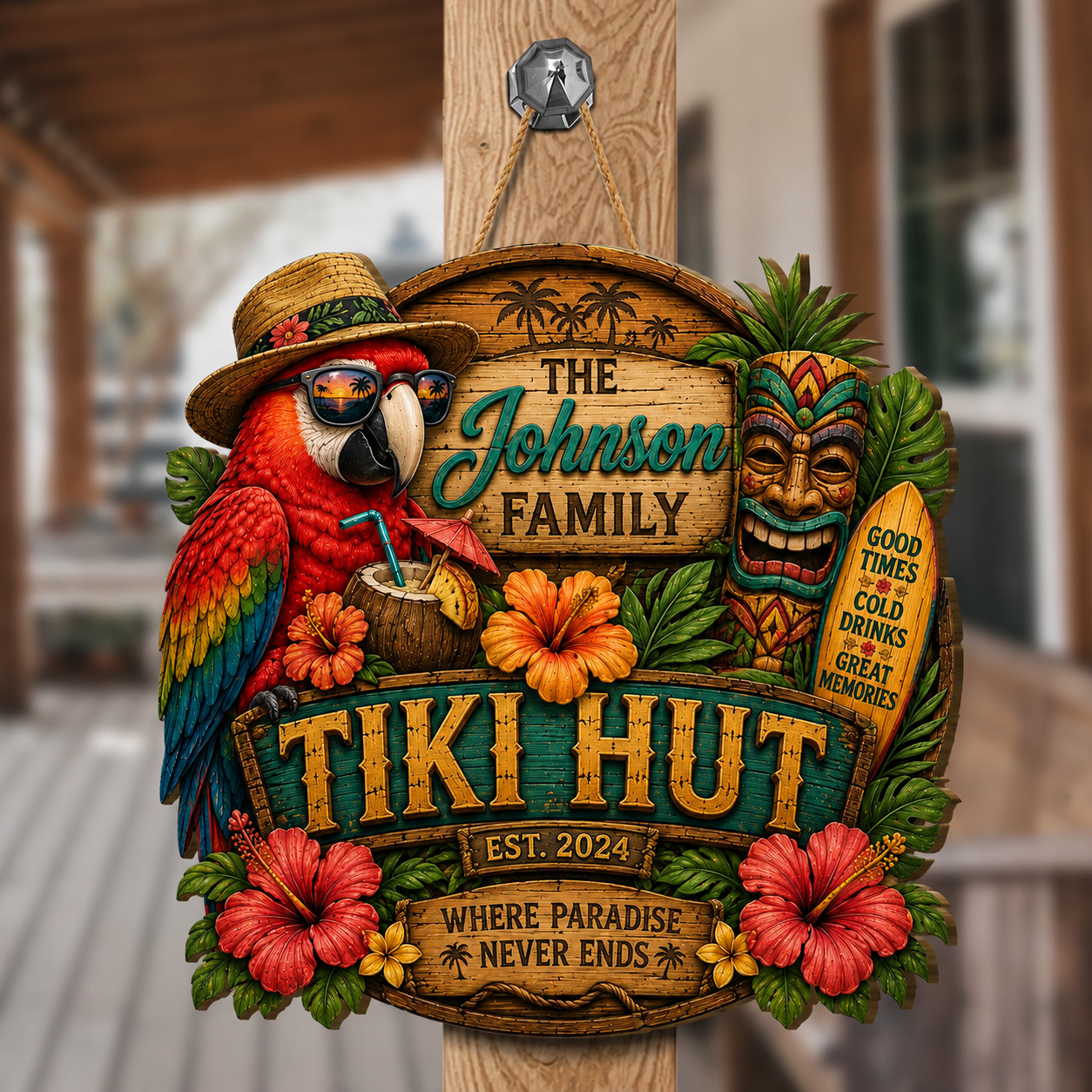 Custom Island Tiki Bar Tropical Parrot Door Hanger