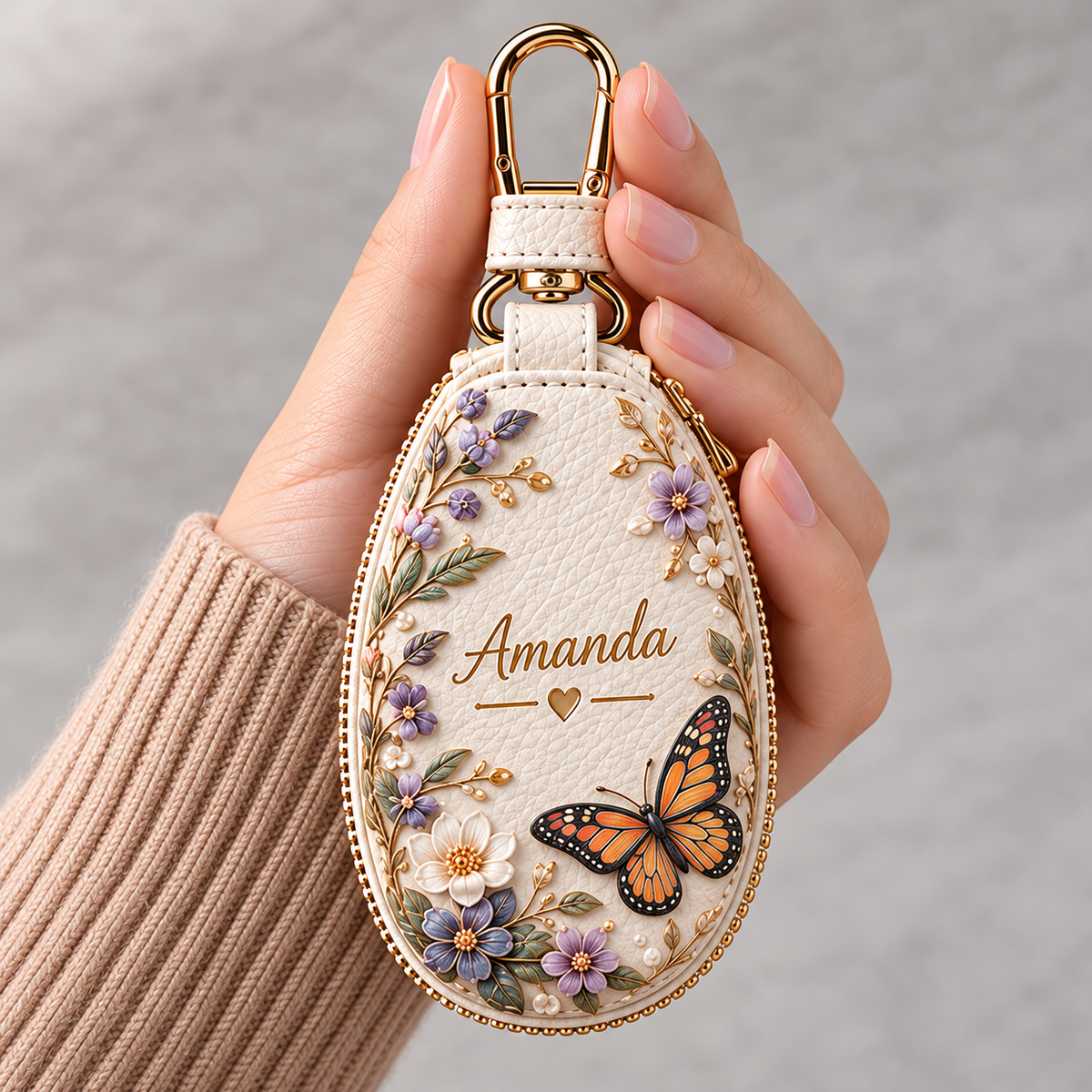 Personalized Floral Key Fob Cover β Custom Name Leather Key Holder with Nature Designs
