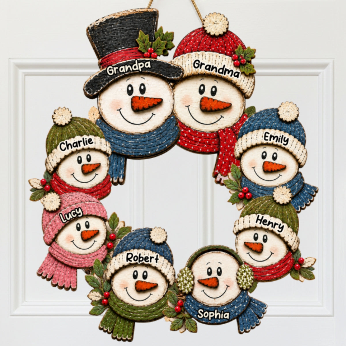 Grandpa Grandma Snowman Wreath - Personalized Wood Sign - Christmas Decoration For Porch, Window, Door