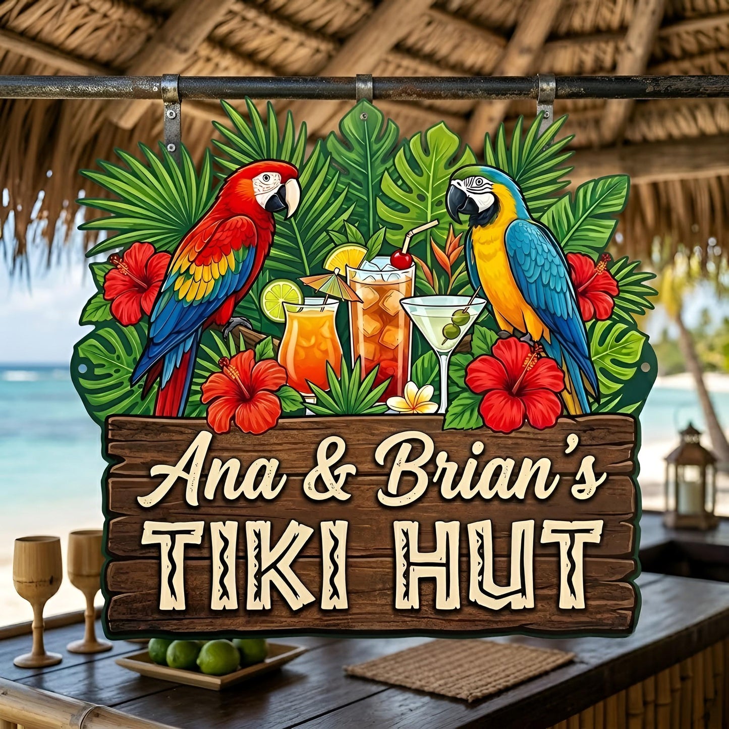 Custom Tiki Hut, Tropical Parrot Wall Metal Sign, Beach House Patio Plaque