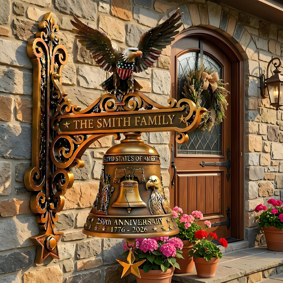 🦅 Custom Patriotic Family Name Bell Plaque – Personalized American Eagle Wall Decor