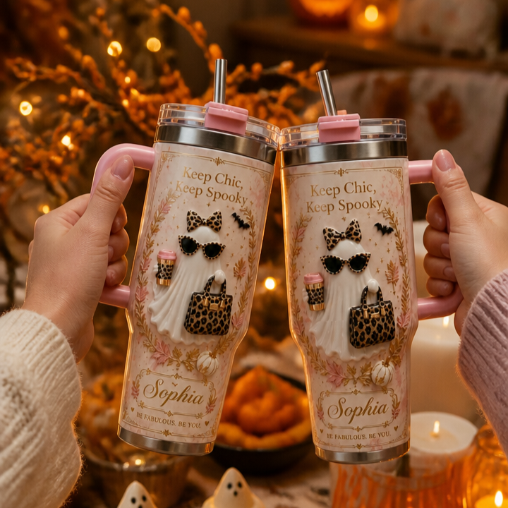 π» Personalized Vintage Halloween Ghost Insulated Tumbler With Handle, Custom Name Spooky Gift