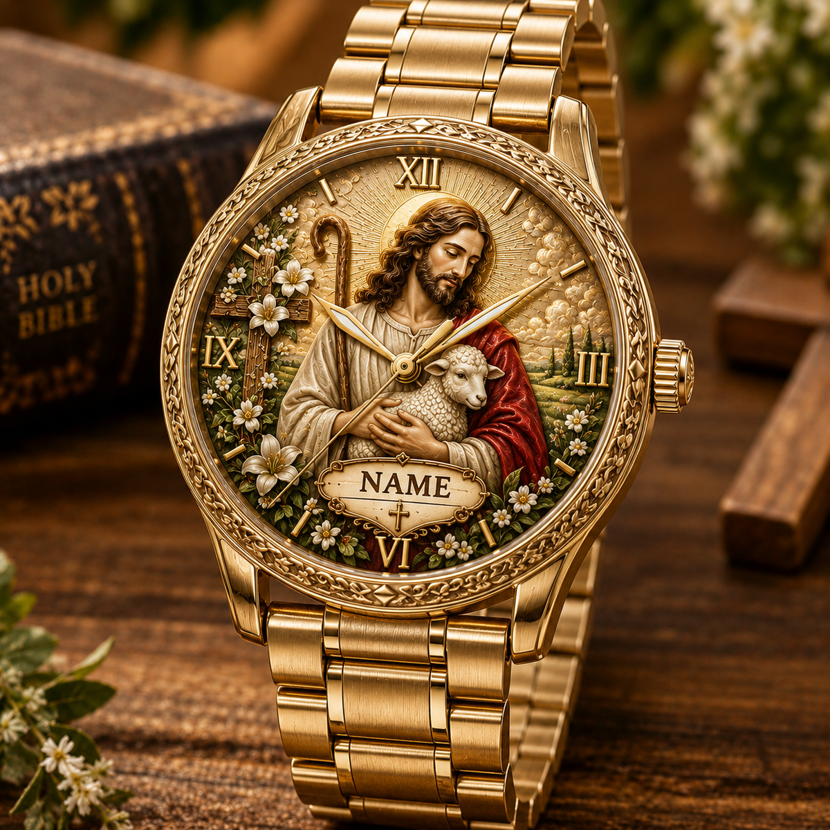 ✝️ Personalized Christian Watch – Custom Name Faith-Inspired Gold Watch