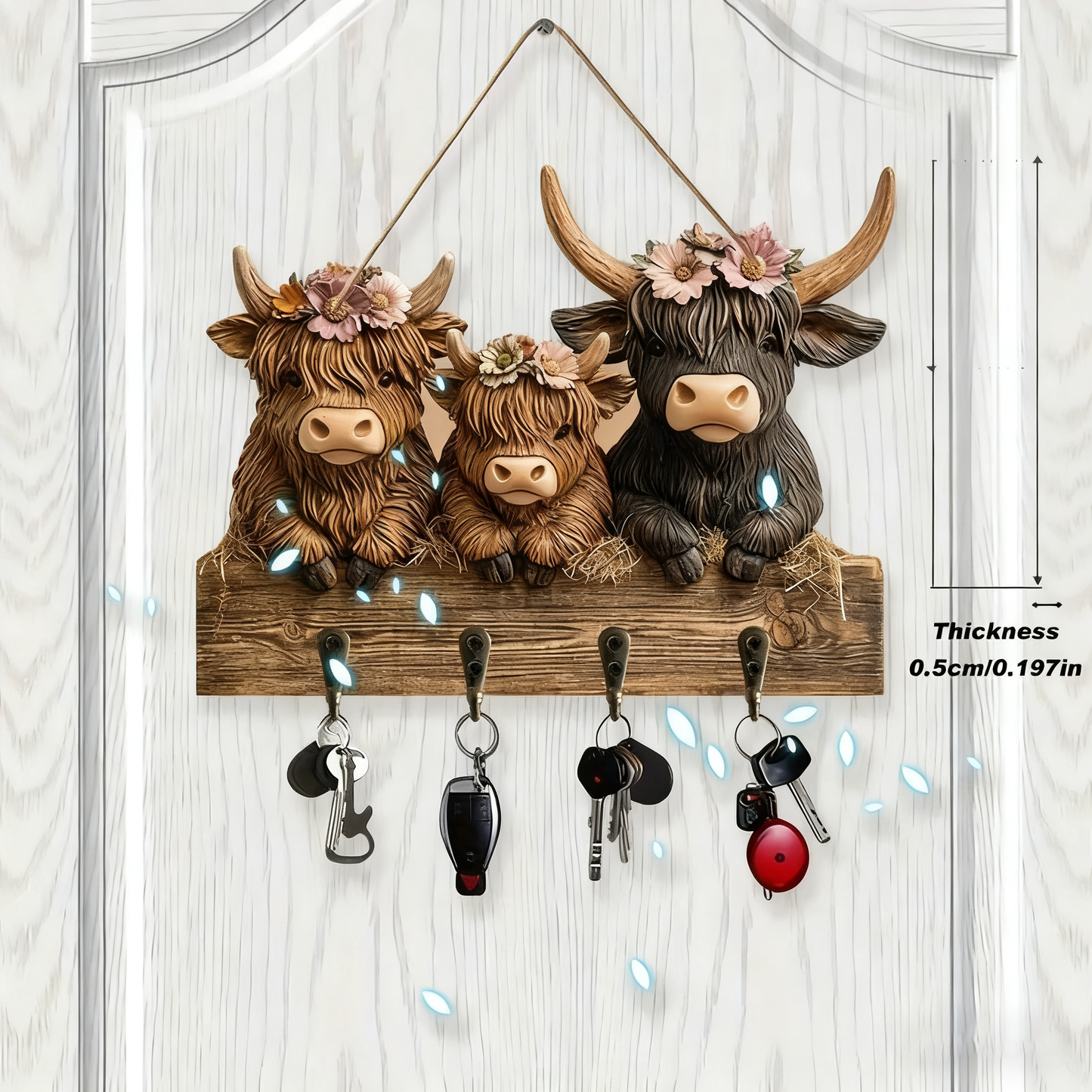 🐮2D- Rustic Highland Cow Wooden Family Key Holder Hanging Ornament with 4 Hooks