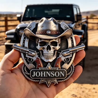 Personalized "Outlaw" Cowboy Skull Metal Emblem | Custom Badge for Truck, Jeep & SUV 🤠💀