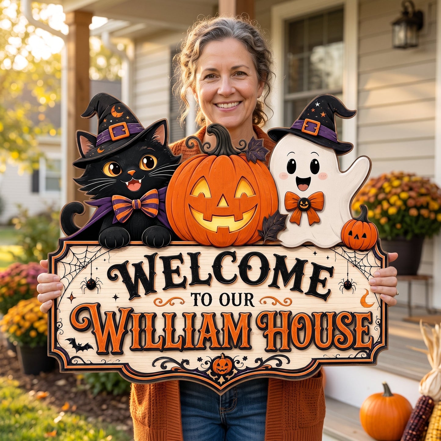 Personalized Halloween Family Door Sign – Cute Cat & Ghost Welcome Decor 🎃