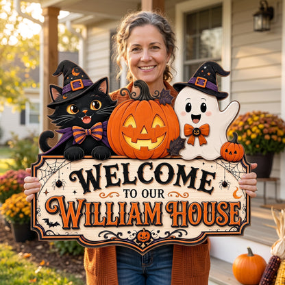 Personalized Halloween Family Door Sign – Cute Cat & Ghost Welcome Decor 🎃