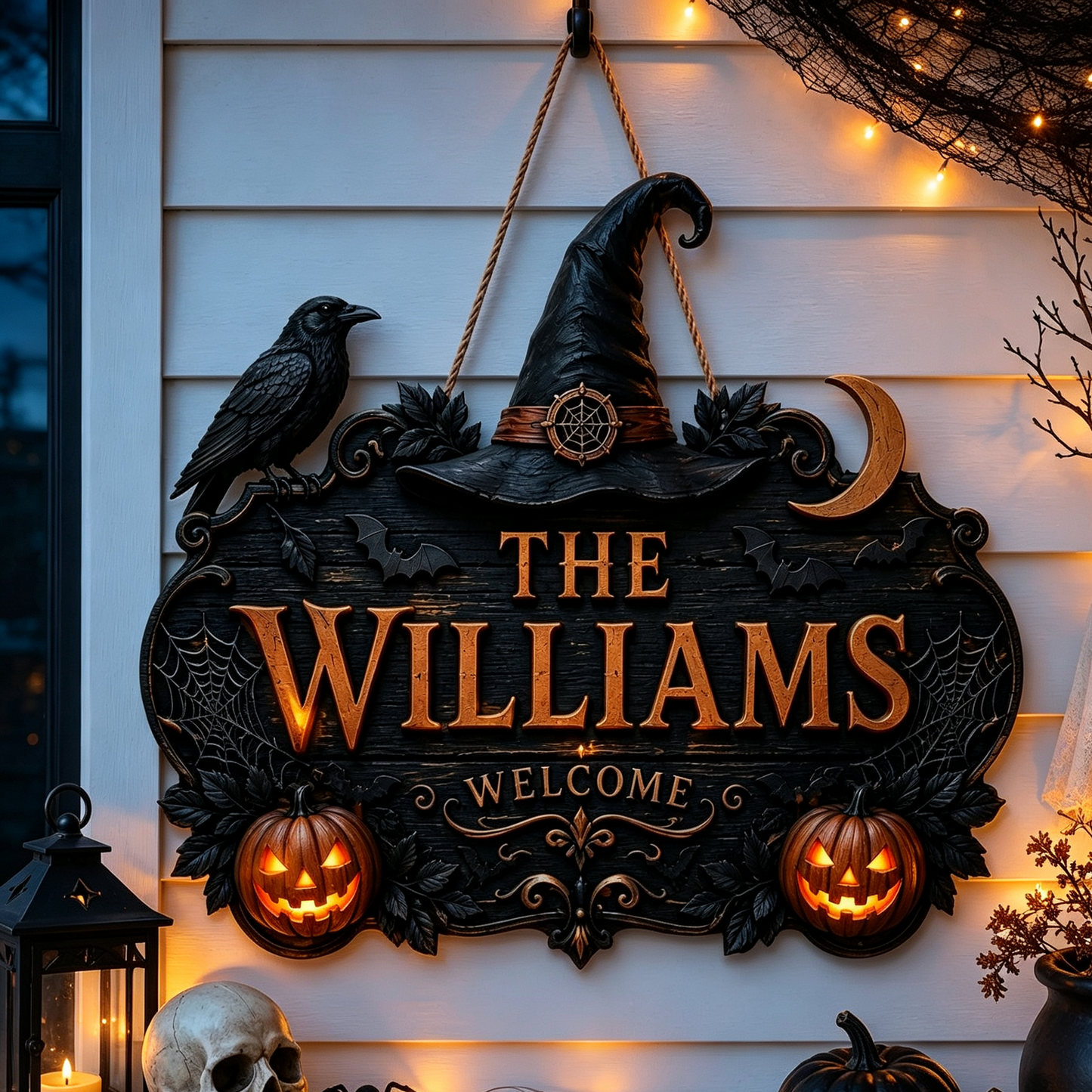 🎃Personalized Halloween Welcome Sign – Custom Family Name Witch Decor🧙‍♀️