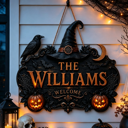 🎃Personalized Halloween Welcome Sign – Custom Family Name Witch Decor🧙‍♀️