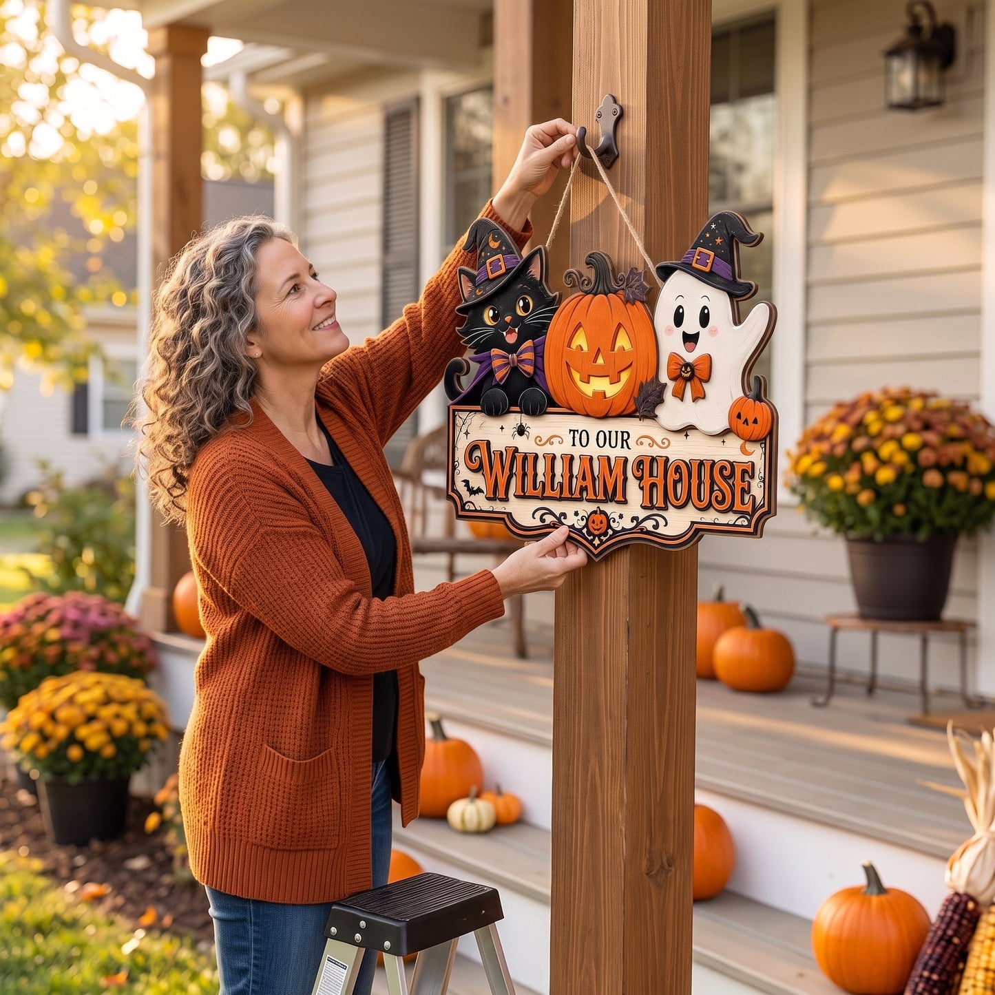 Personalized Halloween Family Door Sign – Cute Cat & Ghost Welcome Decor 🎃