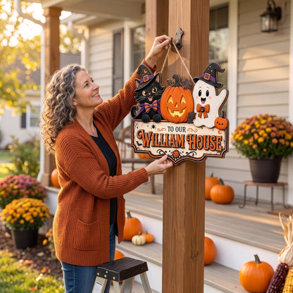 Personalized Halloween Family Door Sign – Cute Cat & Ghost Welcome Decor 🎃