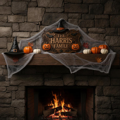 Personalized Halloween Family Name Door Sign with Witch Hat