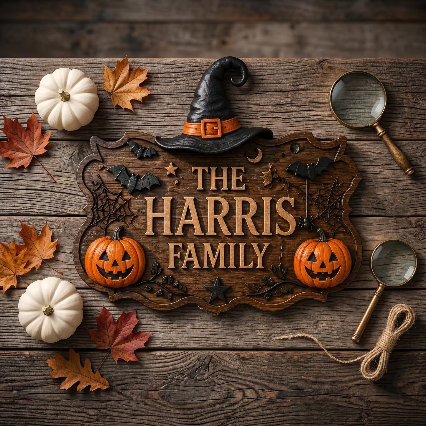 Personalized Halloween Family Name Door Sign with Witch Hat