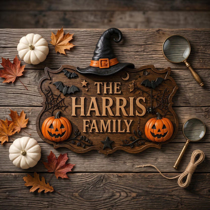 Personalized Halloween Family Name Door Sign with Witch Hat