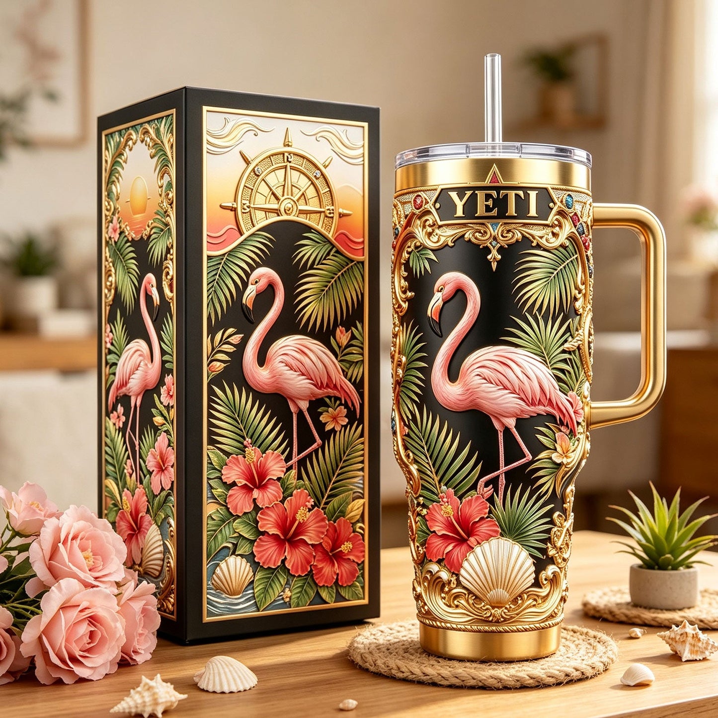 ✨Personalized Pink Flamingo Hibiscus 40oz Handle Tumbler🌺