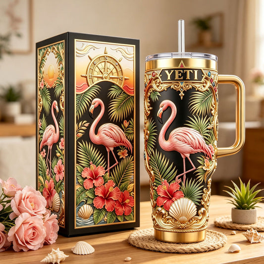 ✨Personalized Pink Flamingo Hibiscus 40oz Handle Tumbler🌺