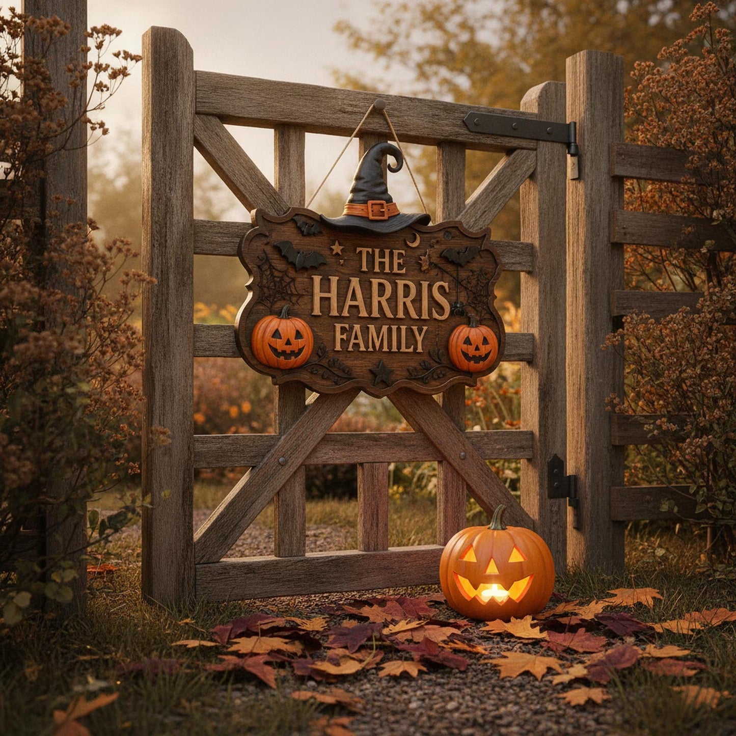 Personalized Halloween Family Name Door Sign with Witch Hat