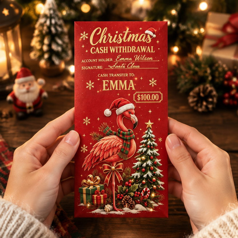 🎁 Personalized Flamingo Christmas Cash Holder, Custom Name Xmas Money Envelope 🦩🎄