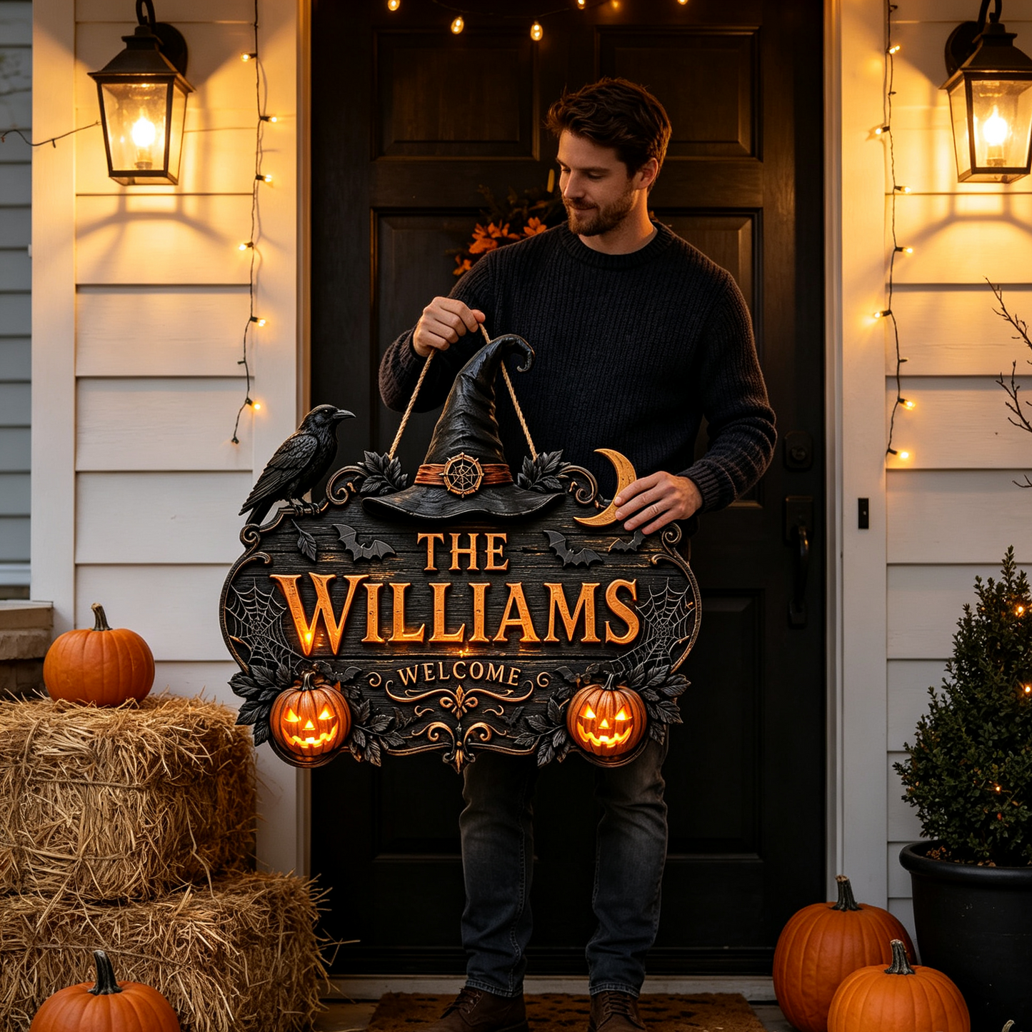🎃Personalized Halloween Welcome Sign – Custom Family Name Witch Decor🧙‍♀️