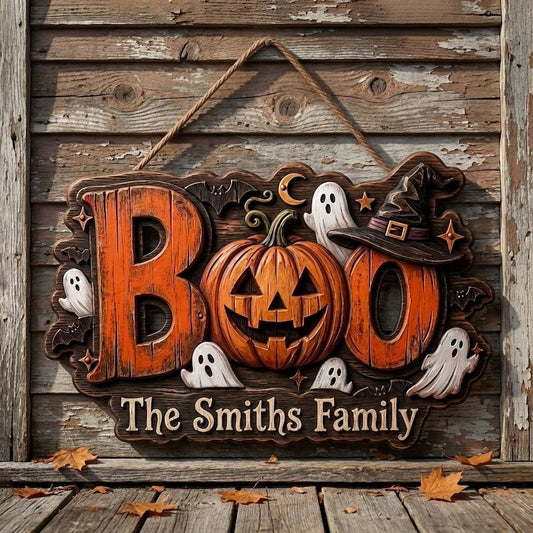 Halloween Boo Wooden Sign, Spooky Hanging Wall Decor