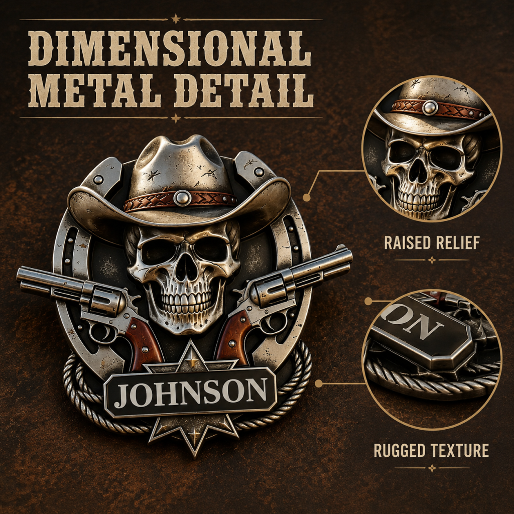 Personalized "Outlaw" Cowboy Skull Metal Emblem | Custom Badge for Truck, Jeep & SUV 🤠💀