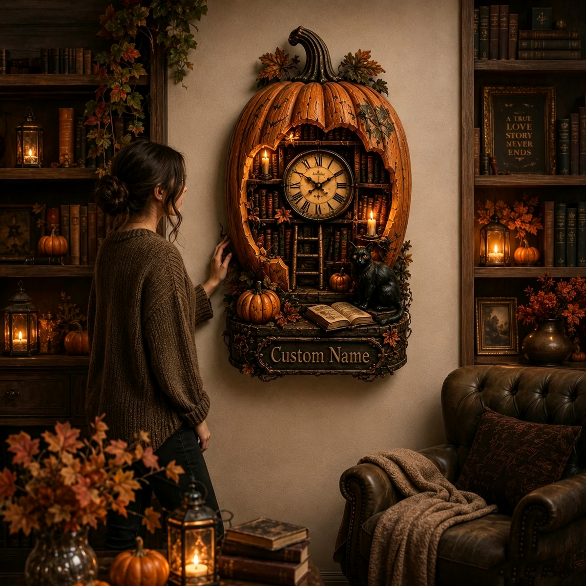🎃🕰️ Today 49% OFF🔥 Pumpkin Library Wall Clock | Rustic Halloween Decor for Home & Office