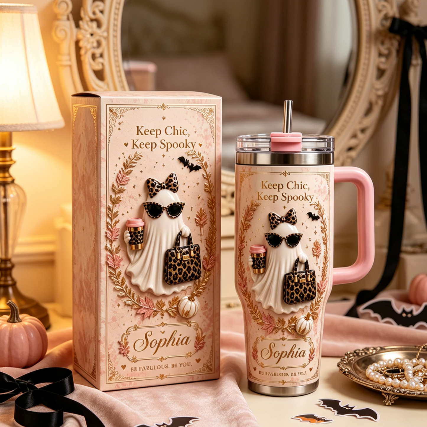 👻 Personalized Vintage Halloween Ghost Insulated Tumbler With Handle, Custom Name Spooky Gift