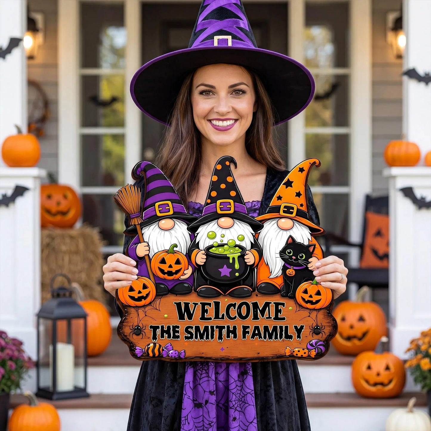 Personalized Halloween “Three Witches and Their Goblin Family” Welcome Wooden Sign