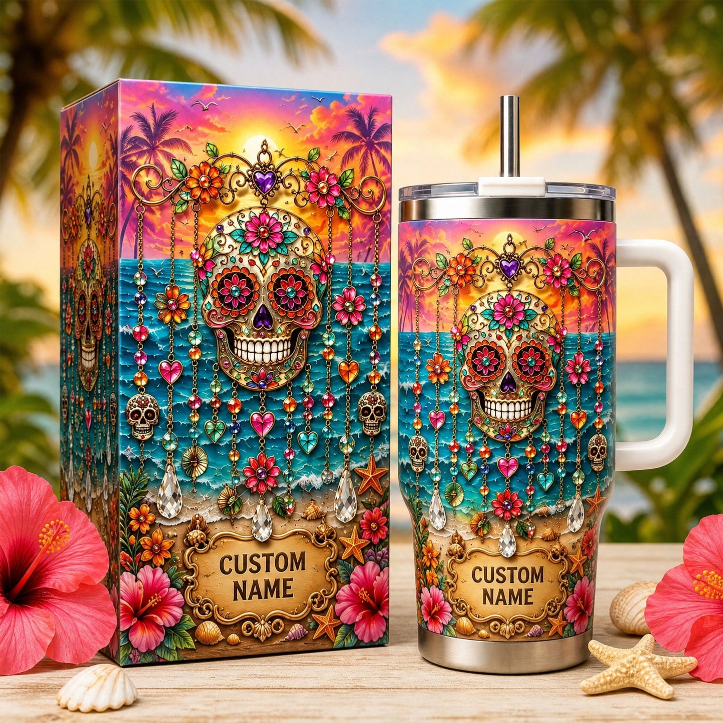 🏖️ Personalized Sugar Skull Beach Tumbler With Name🌴🌊
