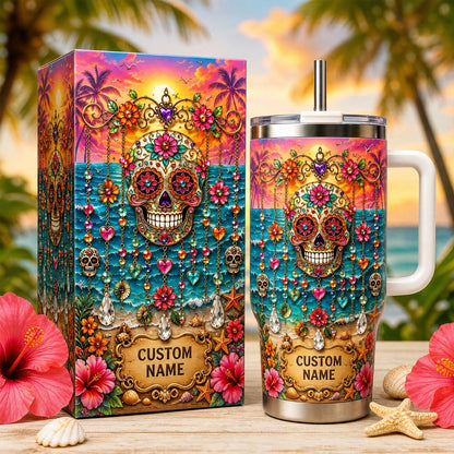 🏖️ Personalized Sugar Skull Beach Tumbler With Name🌴🌊