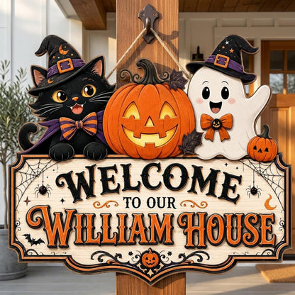 Personalized Halloween Family Door Sign – Cute Cat & Ghost Welcome Decor 🎃