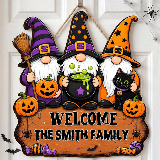 Personalized Halloween “Three Witches and Their Goblin Family” Welcome Wooden Sign