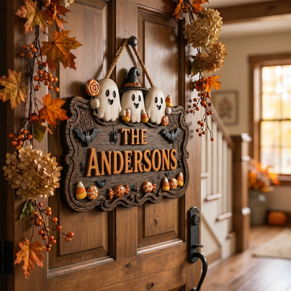 Personalized Halloween Family Sign – Cute Ghost Welcome Decor