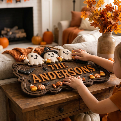 Personalized Halloween Family Sign – Cute Ghost Welcome Decor