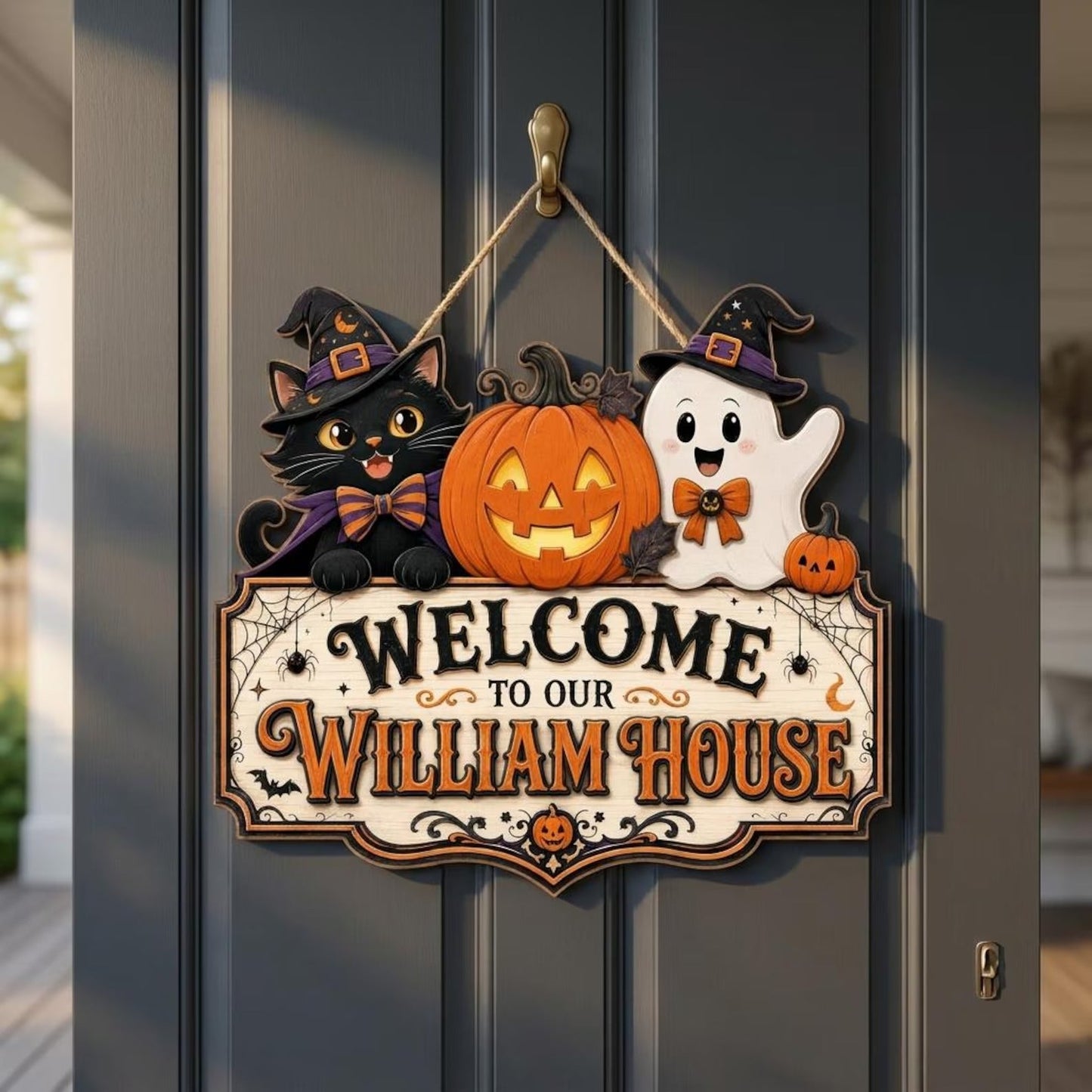 Personalized Halloween Family Door Sign – Cute Cat & Ghost Welcome Decor 🎃