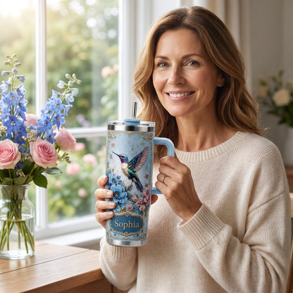 Personalized Hummingbird Tumbler – Custom Name Floral Gift Cup for Her