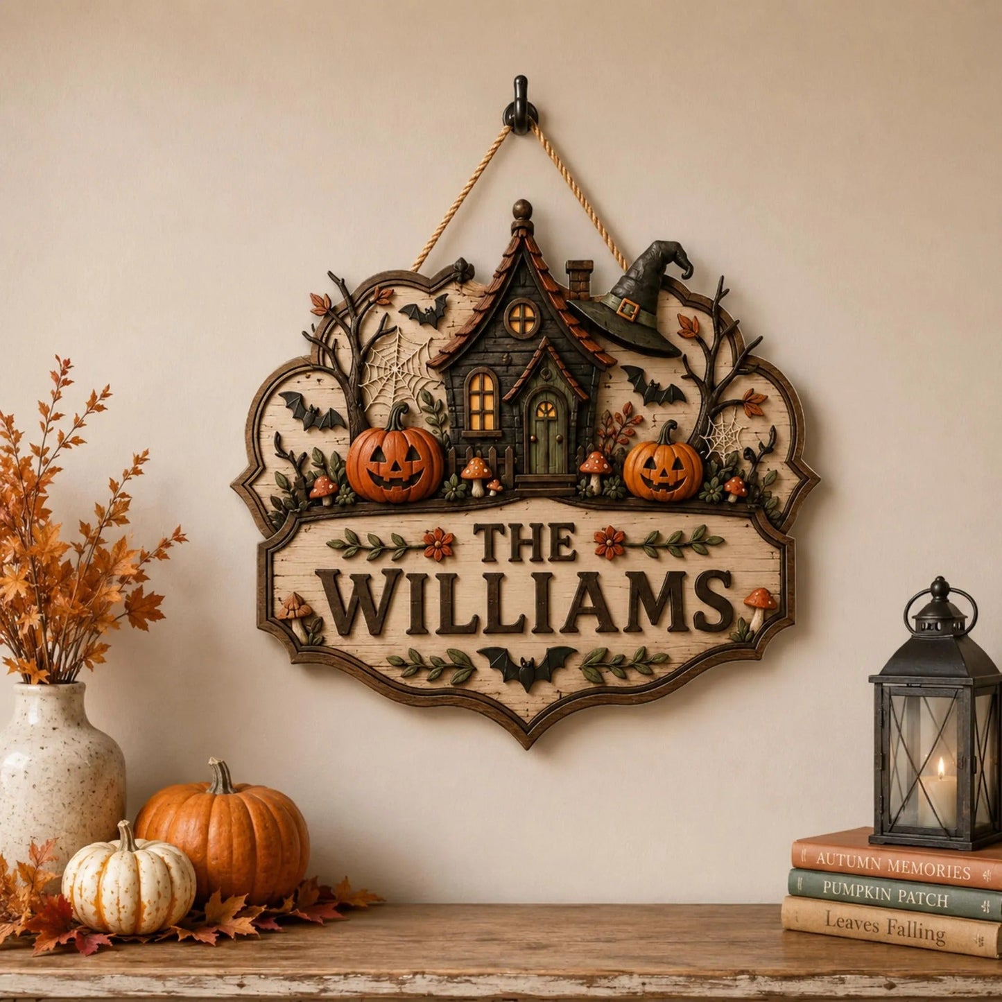 Personalized Halloween Family Name Wall Sign with Cozy Cottage Design