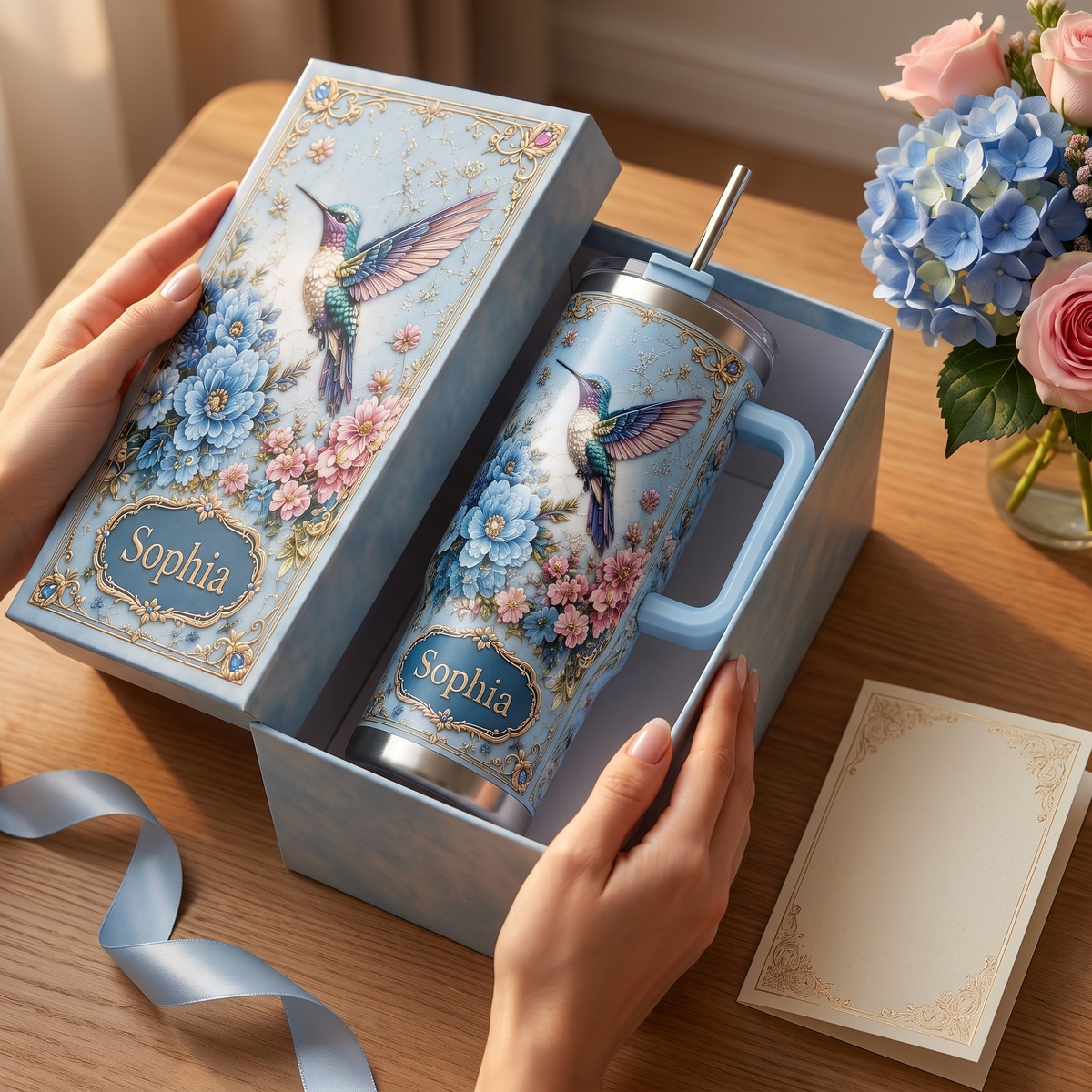 Personalized Hummingbird Tumbler – Custom Name Floral Gift Cup for Her