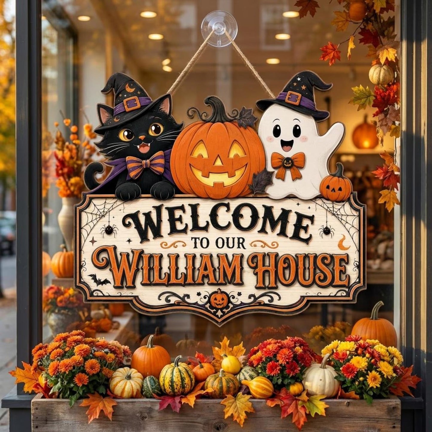 Personalized Halloween Family Door Sign – Cute Cat & Ghost Welcome Decor 🎃