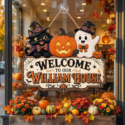 Personalized Halloween Family Door Sign – Cute Cat & Ghost Welcome Decor 🎃