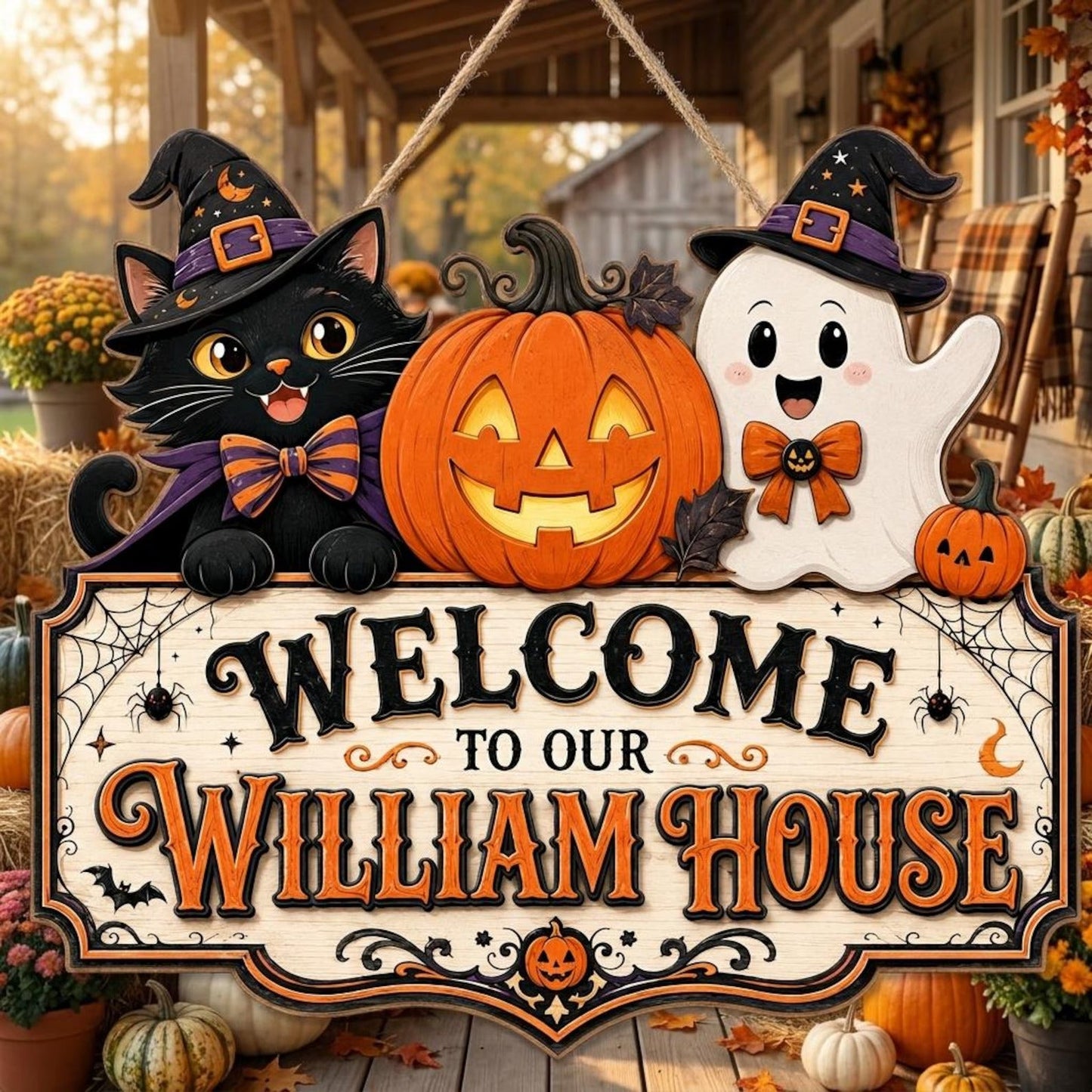 Personalized Halloween Family Door Sign – Cute Cat & Ghost Welcome Decor 🎃