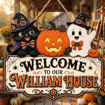 Personalized Halloween Family Door Sign – Cute Cat & Ghost Welcome Decor 🎃