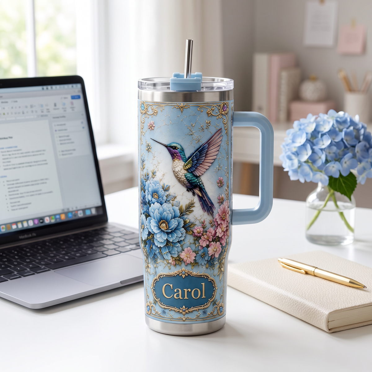 Personalized Hummingbird Tumbler – Custom Name Floral Gift Cup for Her