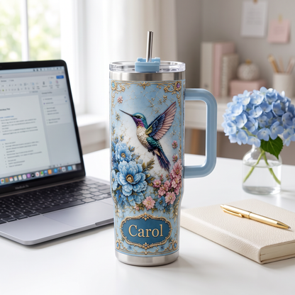 Personalized Hummingbird Tumbler – Custom Name Floral Gift Cup for Her