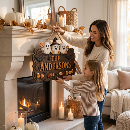 Personalized Halloween Family Sign – Cute Ghost Welcome Decor
