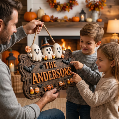 Personalized Halloween Family Sign – Cute Ghost Welcome Decor
